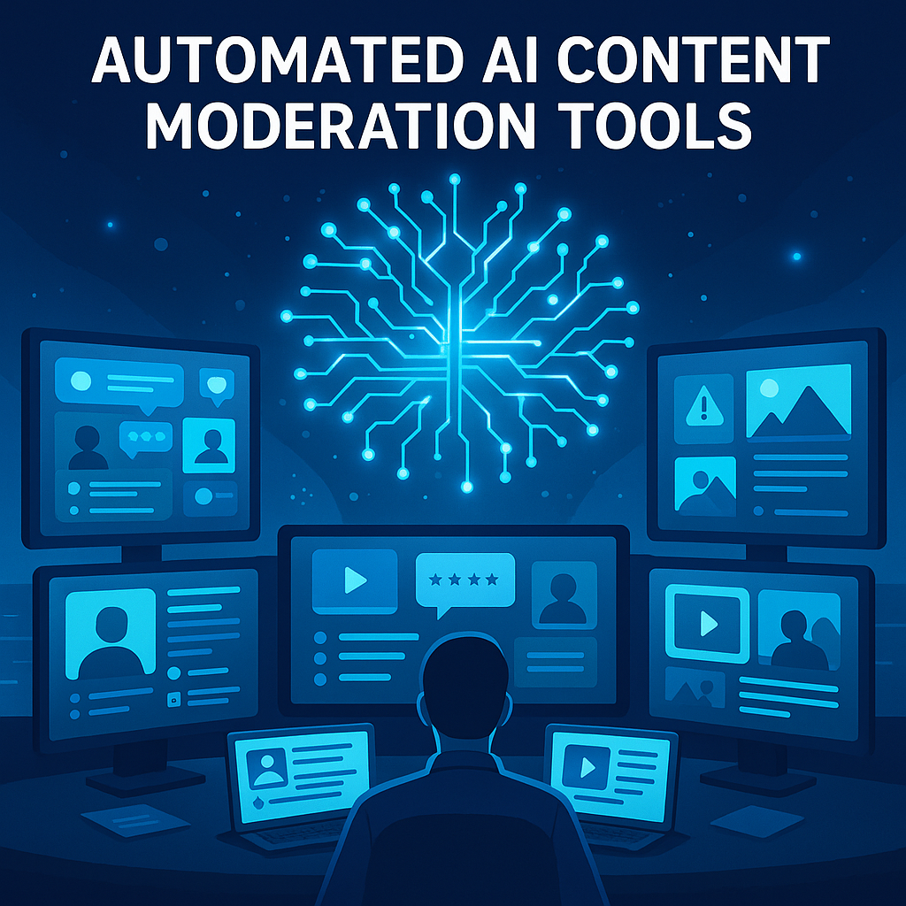 Automated AI content moderation tools overview with futuristic AI system scanning user content for platform safety