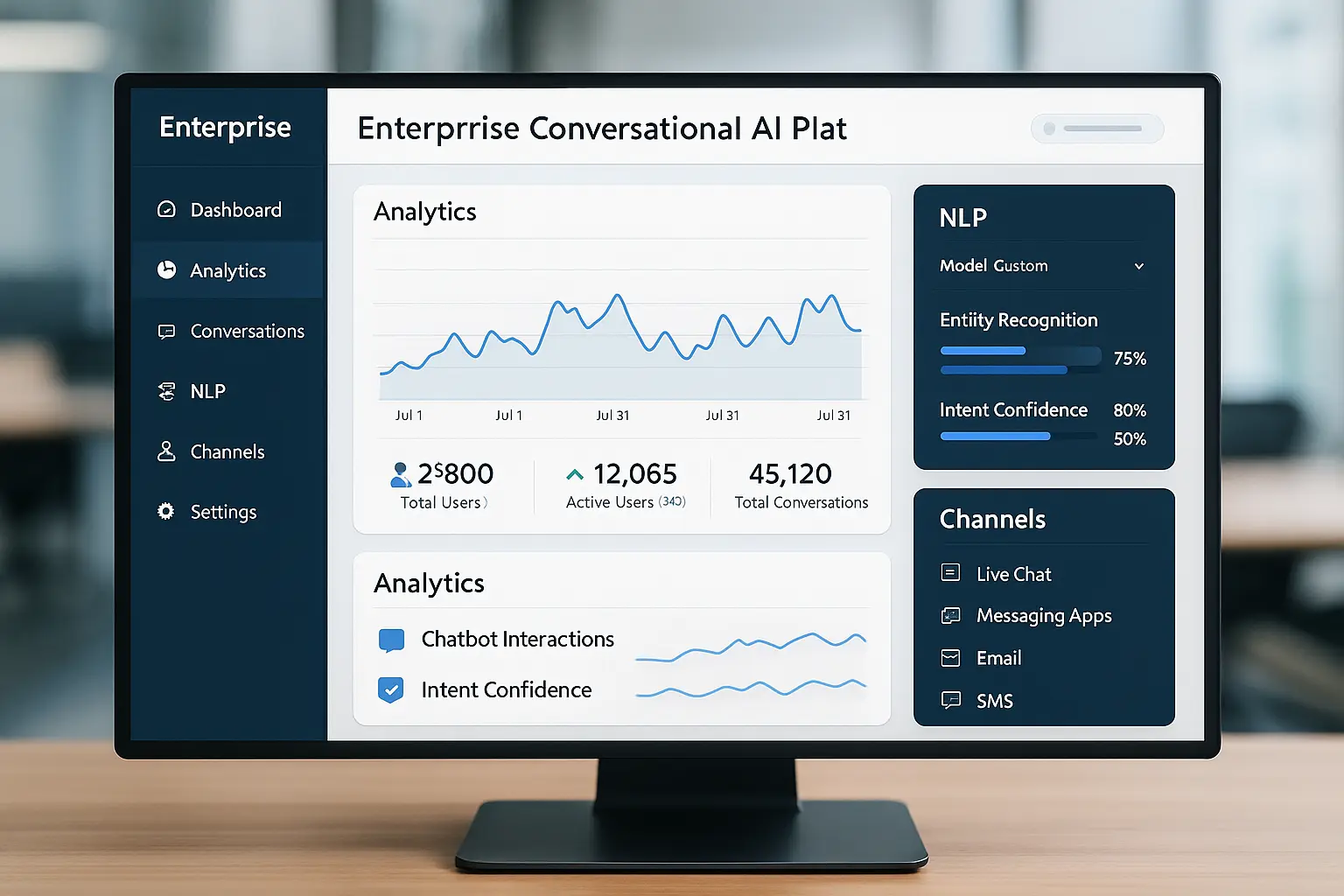 Enterprise conversational AI dashboard showing NLP analytics and multi-channel integrations