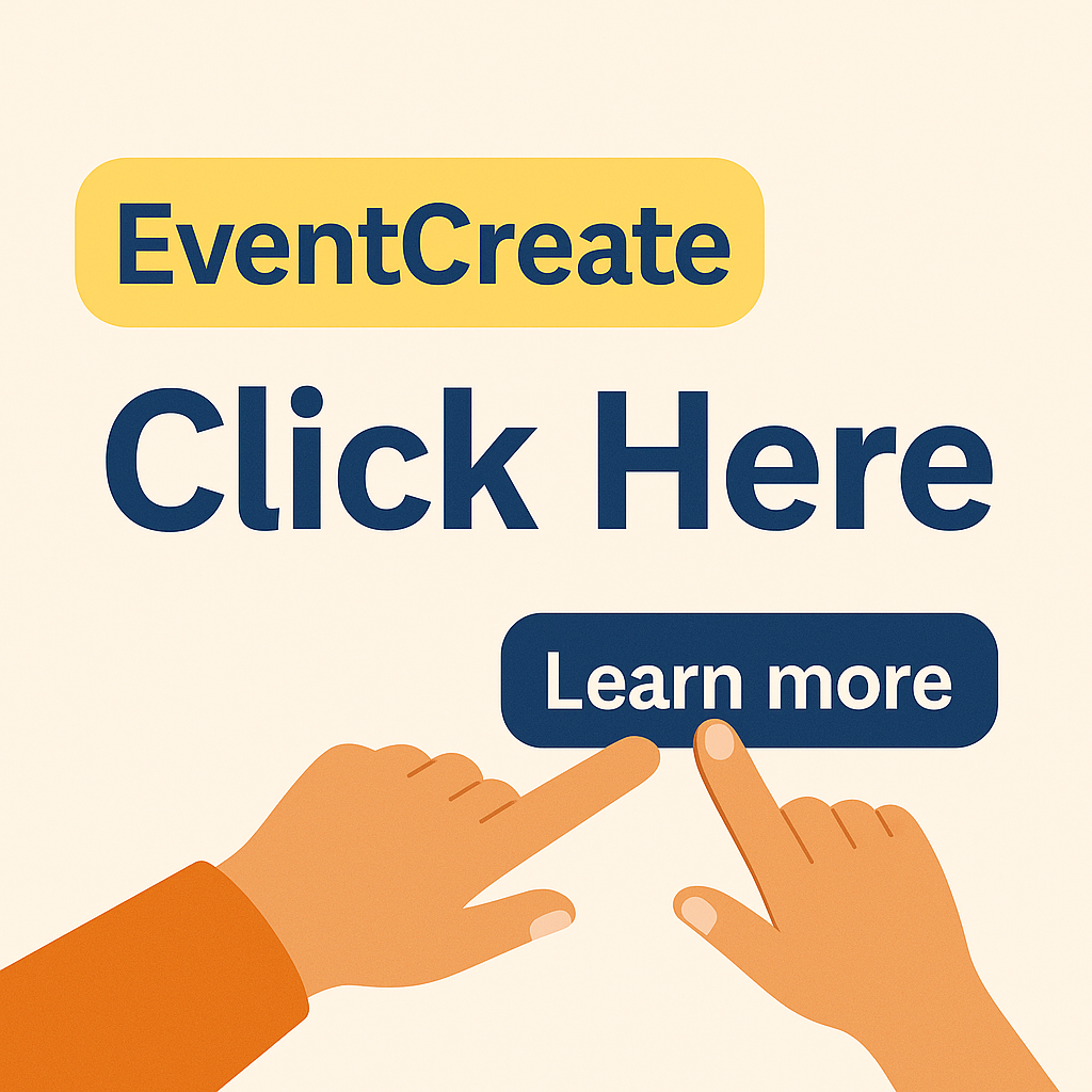 EventCreate platform with Click Here button and pointing hand