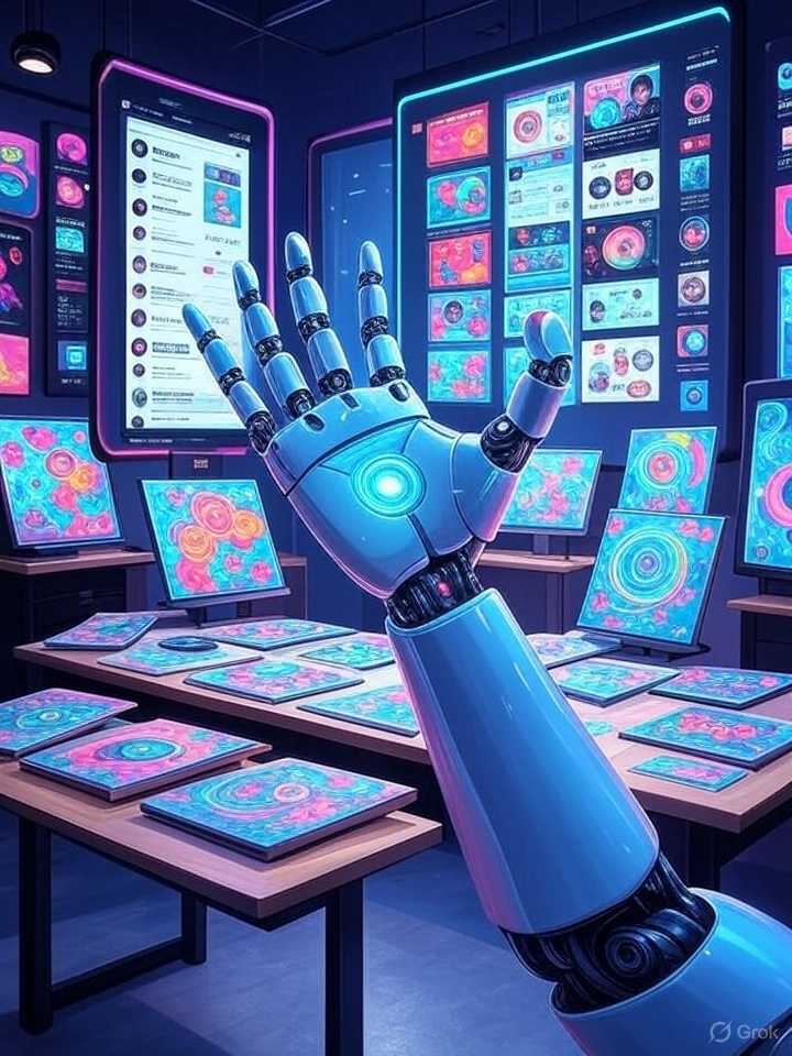 Futuristic AI design studio creating graphics, infographics, and video thumbnails on floating digital canvases