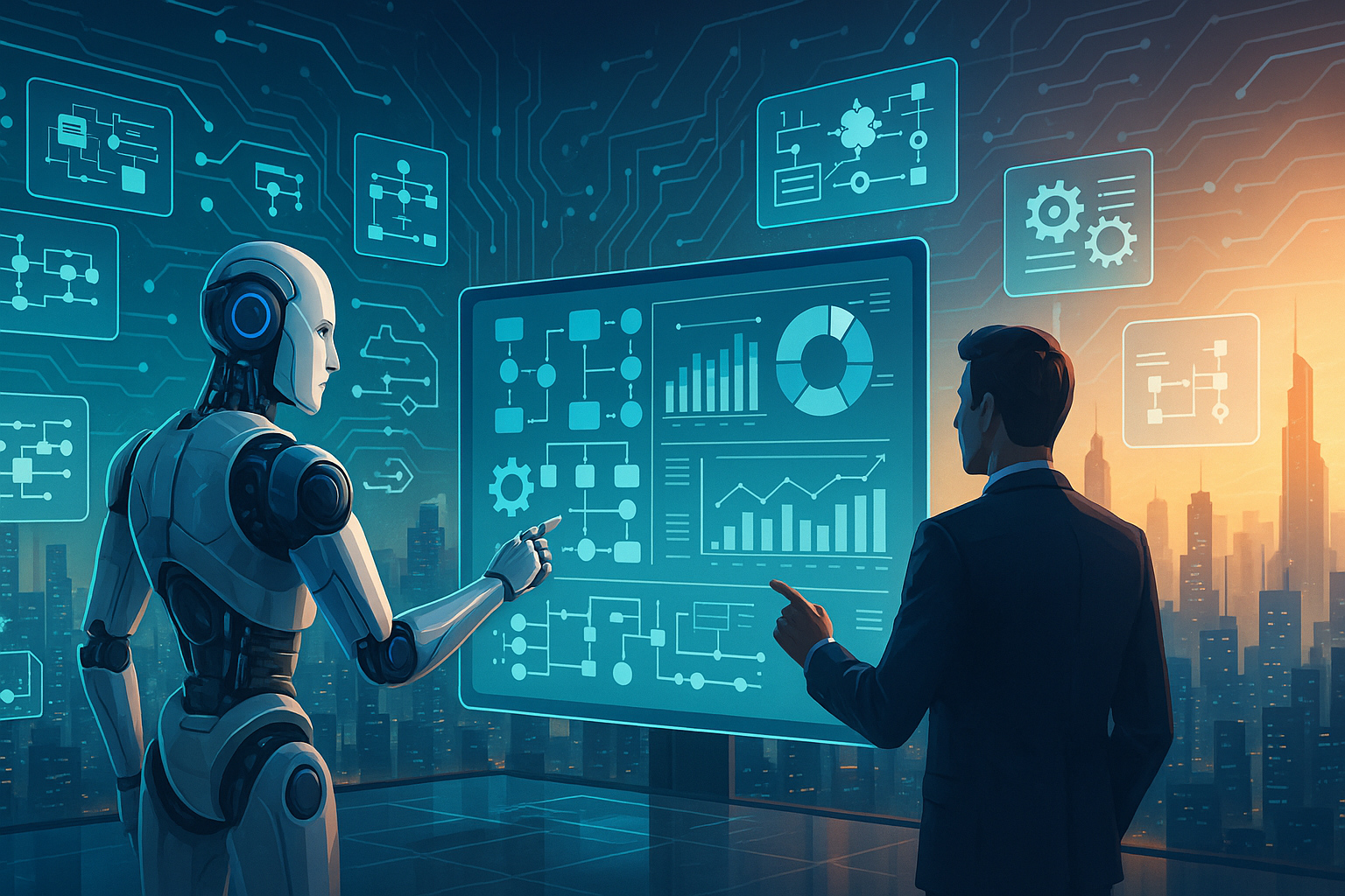 Futuristic office with AI-driven intelligent process automation software visualized on holographic screens