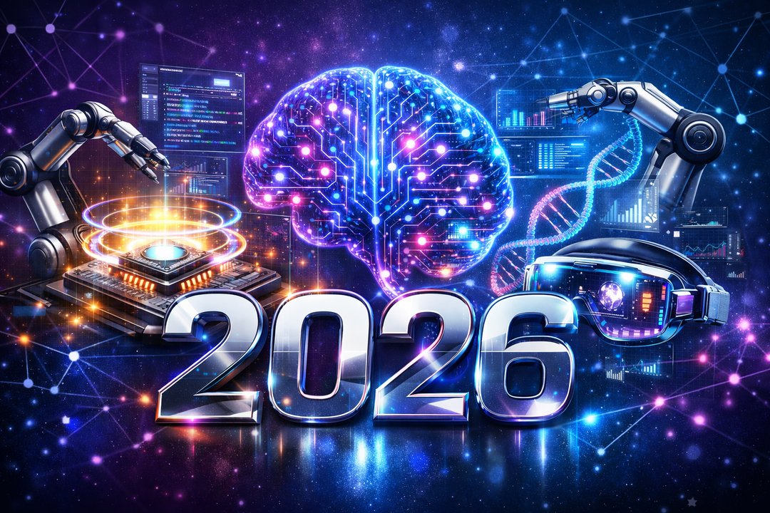AI tech news trends 2026 futuristic tech scene with glowing AI brain, holographic data interfaces, quantum computing, robotics, healthcare DNA, and AR/VR technology