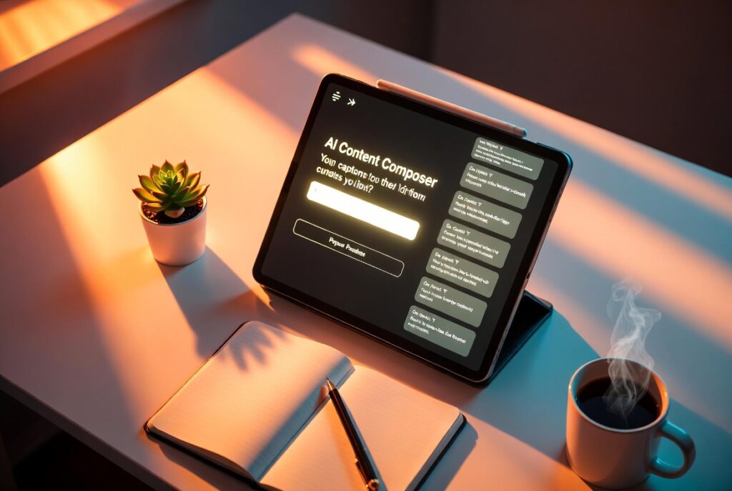 automated social media content publisher AI prompt composer on tablet with notebook and coffee