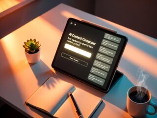 automated social media content publisher AI prompt composer on tablet with notebook and coffee
