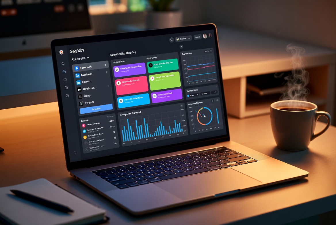 automated social media content publisher dashboard showing Facebook LinkedIn X and Threads analytics