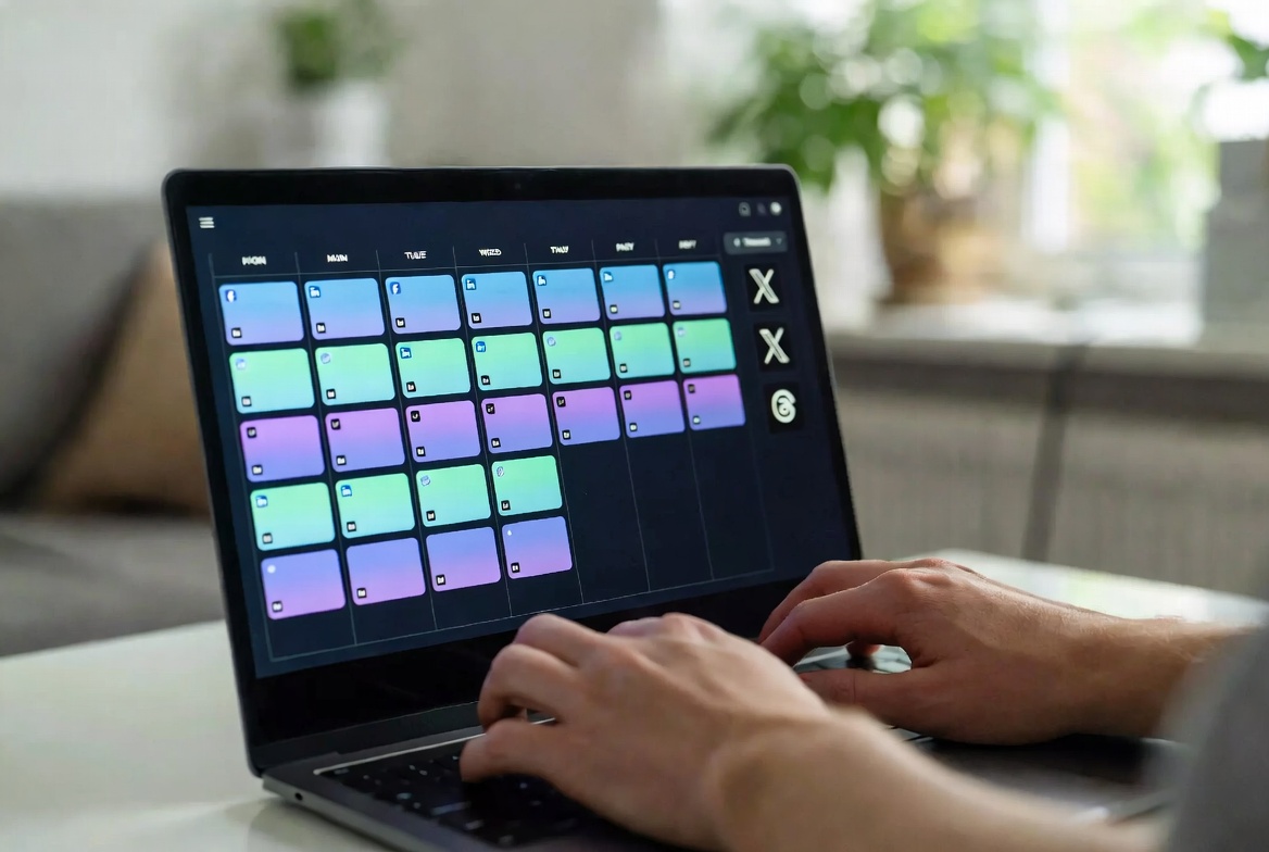 automated social media content publisher weekly scheduling calendar with platform icons on laptop screen
