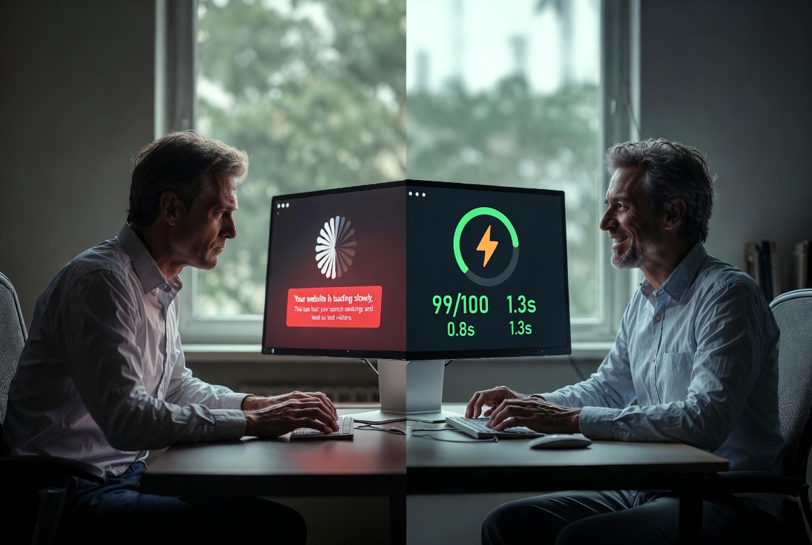 VPS hosting for WordPress — comparison of slow shared hosting versus fast VPS performance for a WordPress website