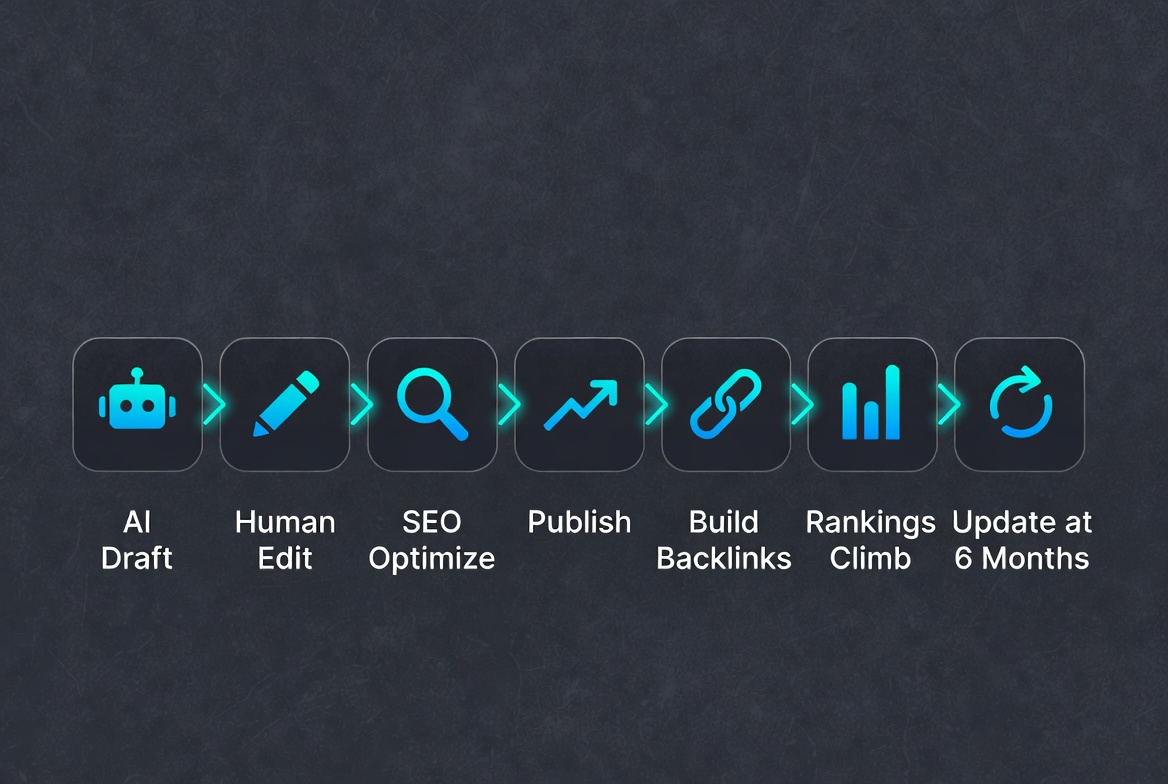 7-step hybrid AI content workflow for faster ranking time showing AI draft through human editing SEO optimization and backlink building