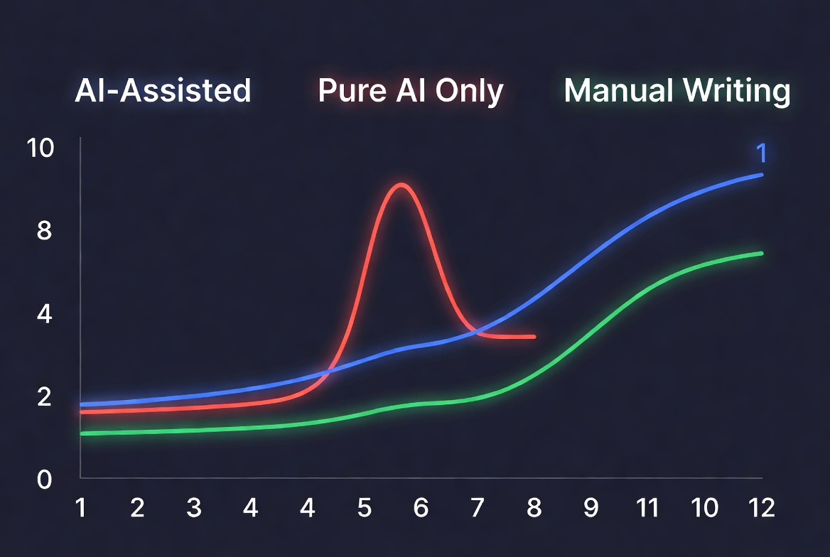 12-month ranking timeline chart comparing AI content vs manual content ranking time showing AI-assisted content reaching page 1 fastest