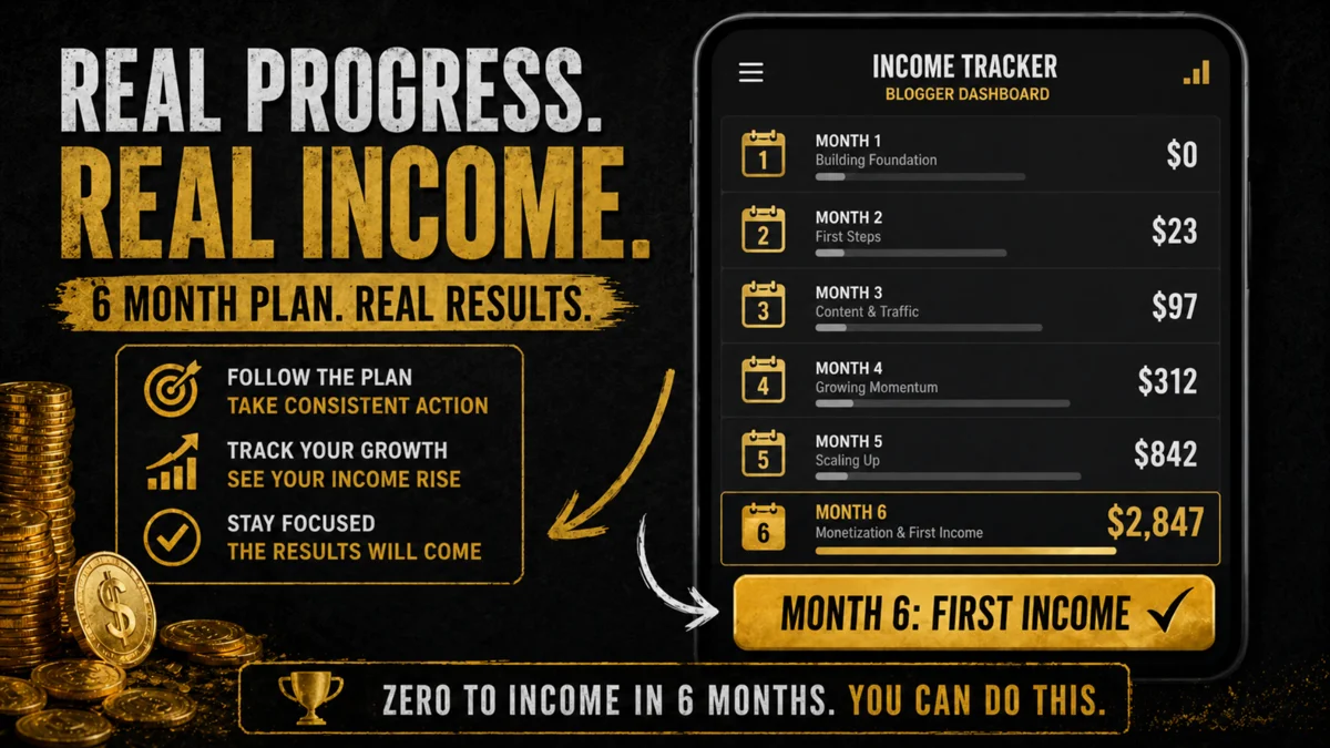Blogging income in 6 months — monthly progress tracker showing income milestones