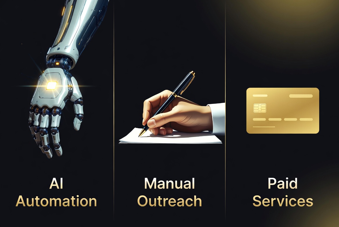 Infographic comparing three backlink acquisition methods in 2026: Claude Code automation, manual outreach, and paid link services — cost, scalability and risk overview