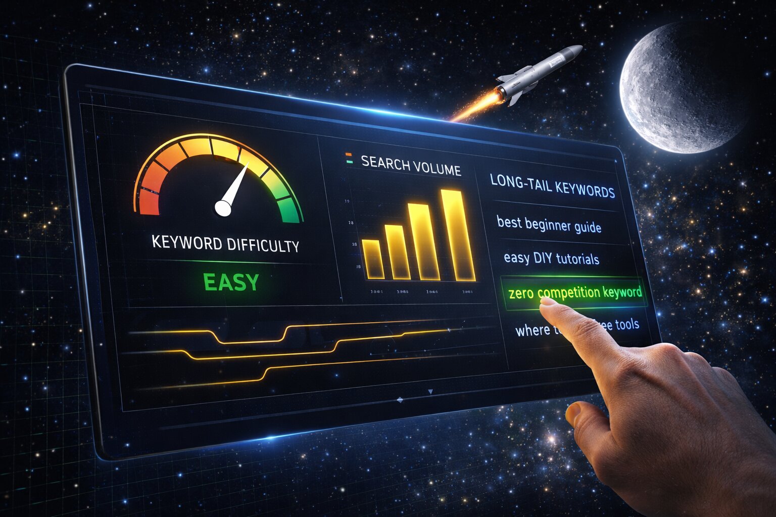 Yhis free keyword research tool 2026 showing keyword difficulty dashboard with low-competition results
