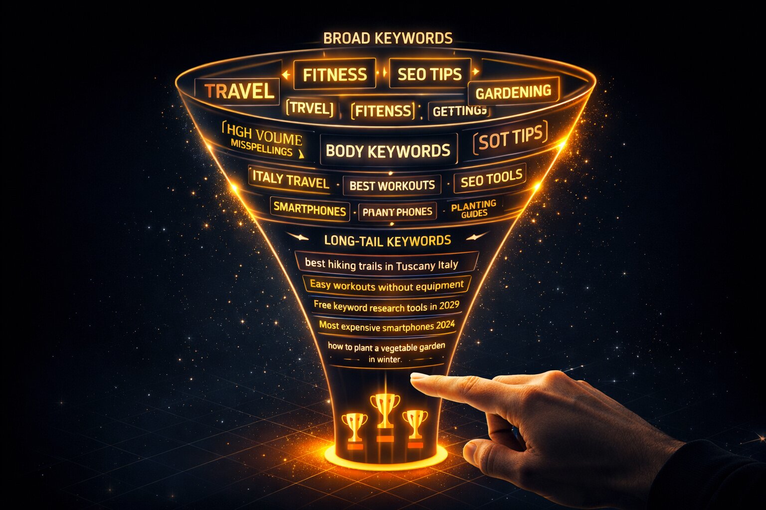 free SEO keyword tool — long-tail keyword funnel diagram showing path to fast rankings