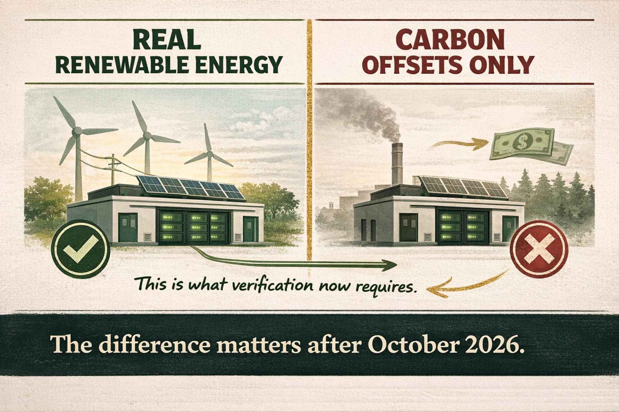 Green web hosting providers comparison — real renewable energy data centre vs carbon offsets only, showing wind turbines and solar vs smokestack