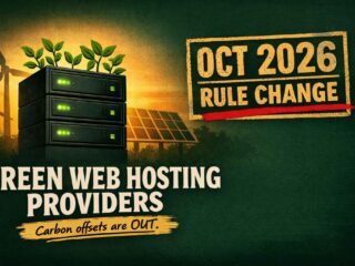 Green web hosting providers 2026 — illustration showing data server with leaves, wind turbines, solar panels and OCT 2026 rule change badge