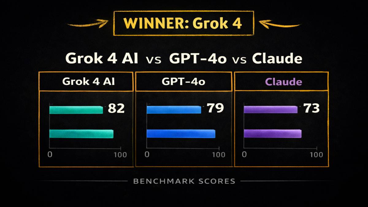 Grok 4 AI benchmark comparison against GPT-4o and Claude showing reasoning and coding performance in 2026