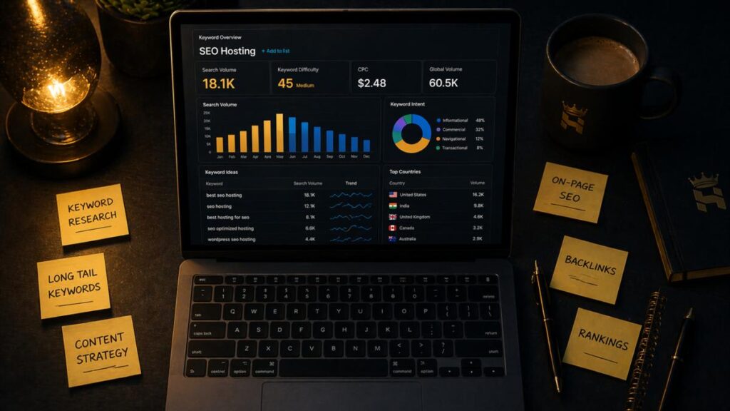 keyword research tool dashboard showing search volume and keyword difficulty data 2026