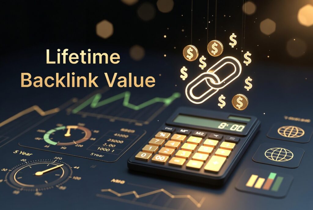Lifetime backlink value calculator showing SEO ROI growth over 5 years with gold metric dashboard