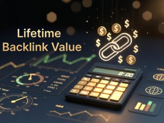 Lifetime backlink value calculator showing SEO ROI growth over 5 years with gold metric dashboard
