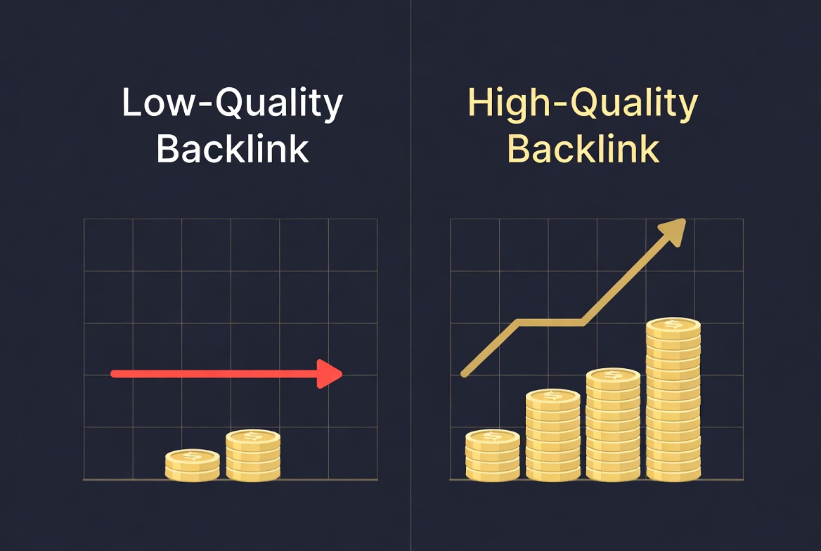 Lifetime backlink value comparison chart showing high-quality vs low-quality backlink ROI over time