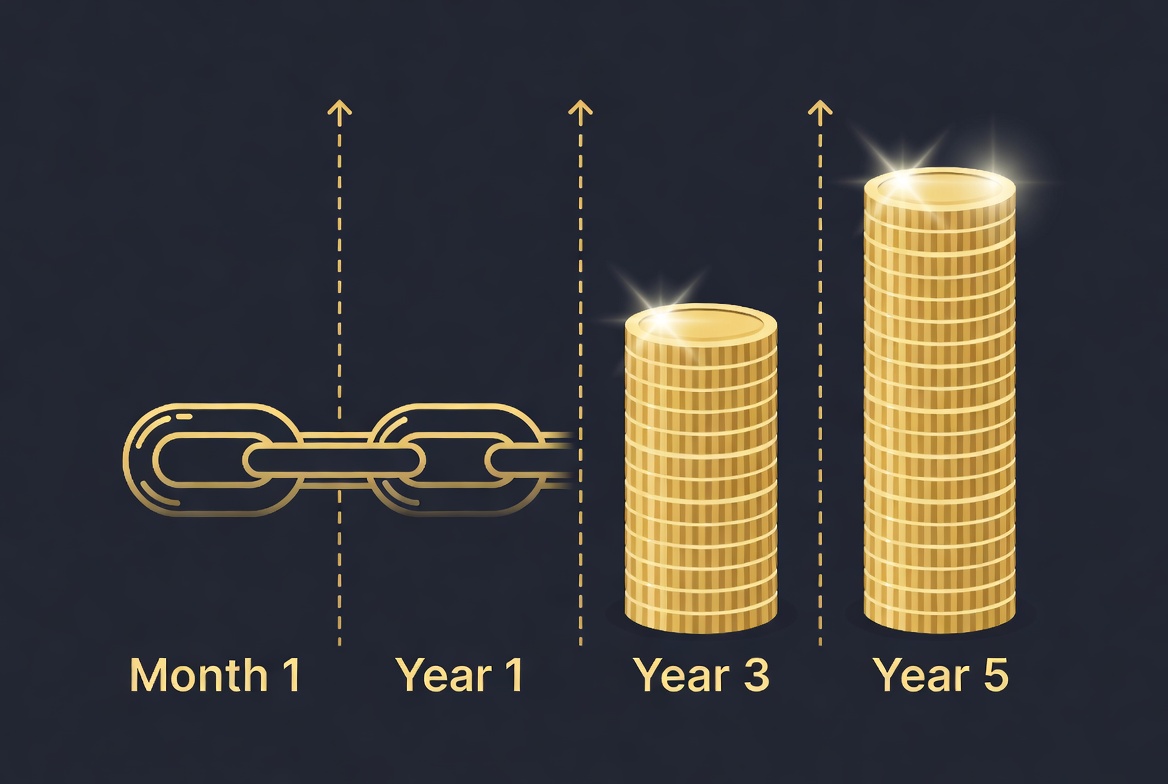 Lifetime backlink value ROI timeline showing compounding returns from a single backlink over 5 years