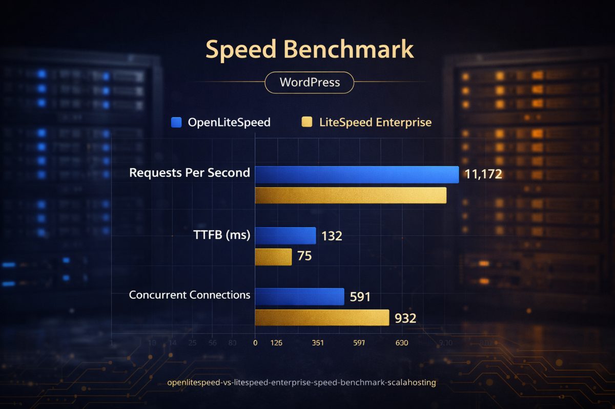 OpenLiteSpeed vs LiteSpeed Enterprise speed benchmark comparison on ScalaHosting VPS — requests per second and TTFB performance data
