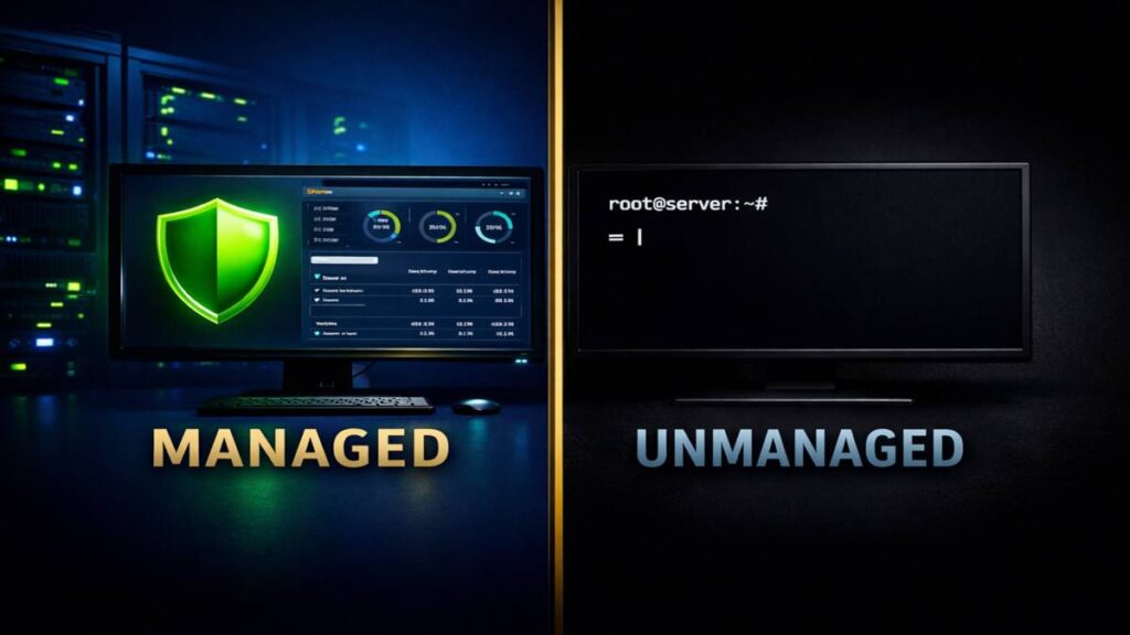 ScalaHosting managed vs unmanaged VPS difference 2026 — split comparison graphic