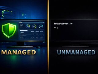 ScalaHosting managed vs unmanaged VPS difference 2026 — split comparison graphic