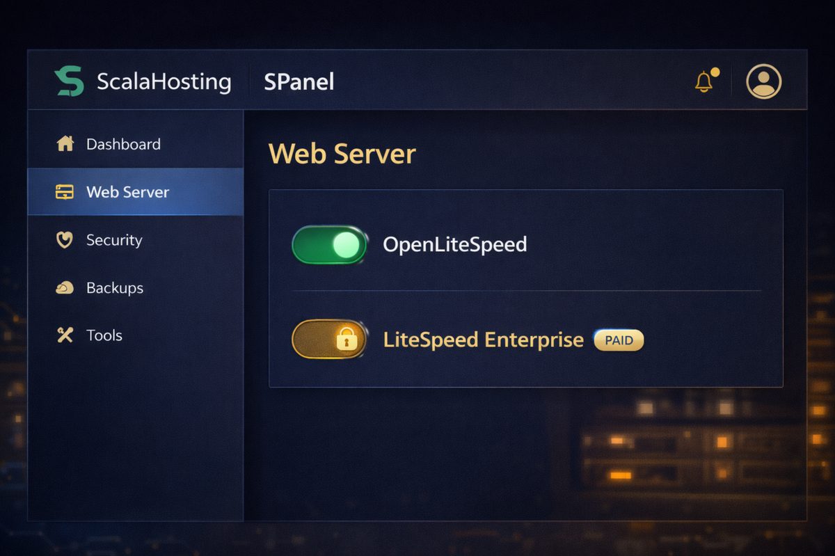 ScalaHosting SPanel settings panel showing OpenLiteSpeed vs LiteSpeed Enterprise web server toggle and upgrade option