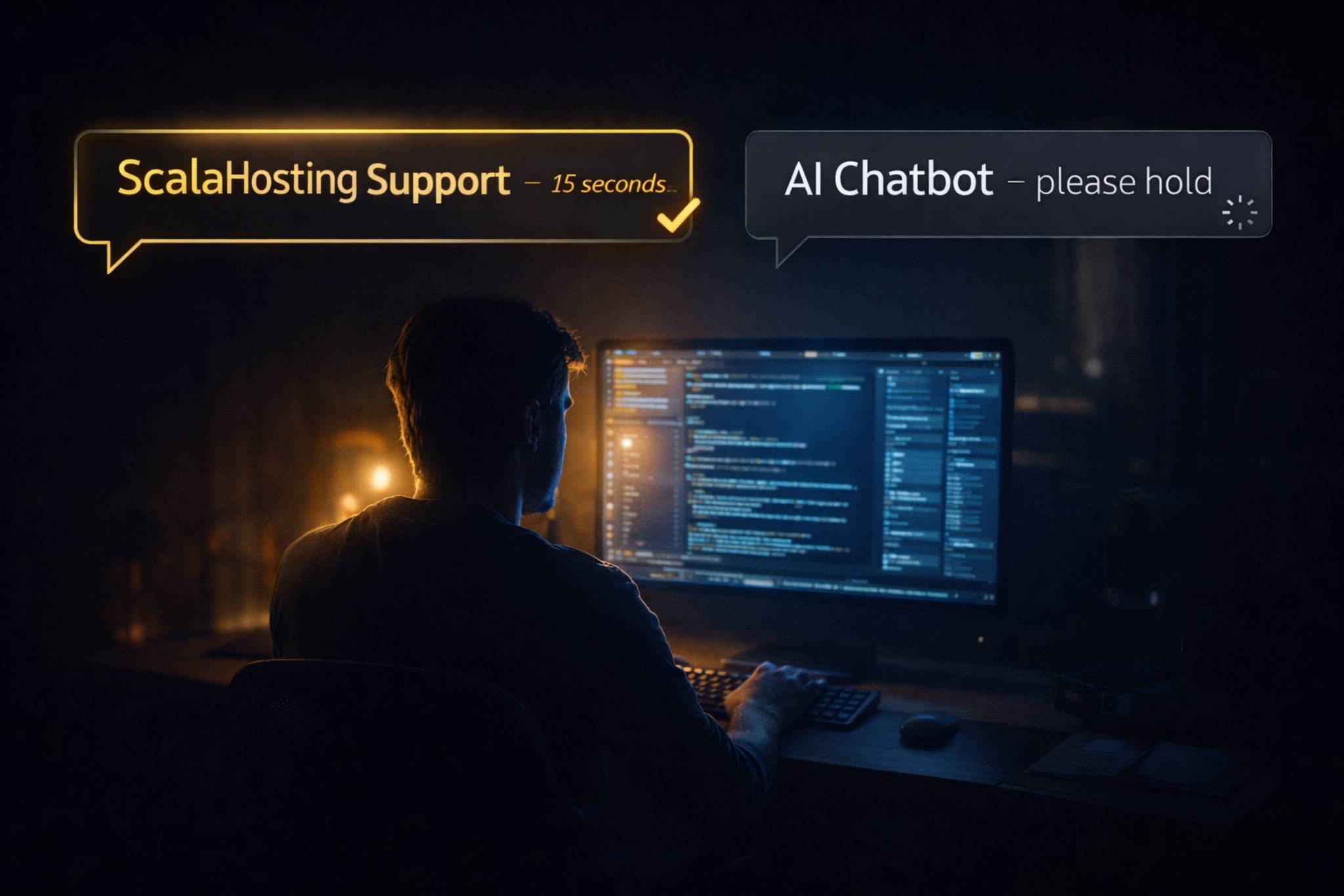 ScalaHosting vs Hostinger support comparison 2026 — 15-second human response vs AI chatbot