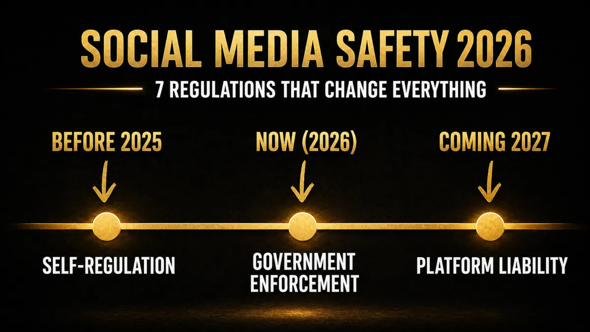 Social media safety regulations 2026 timeline showing the shift from self-regulation to government enforcement