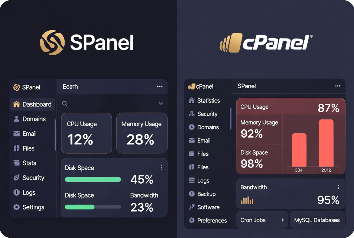 SPanel tutorial for beginners 2026 — SPanel vs cPanel resource comparison showing 8x less RAM usage on ScalaHosting