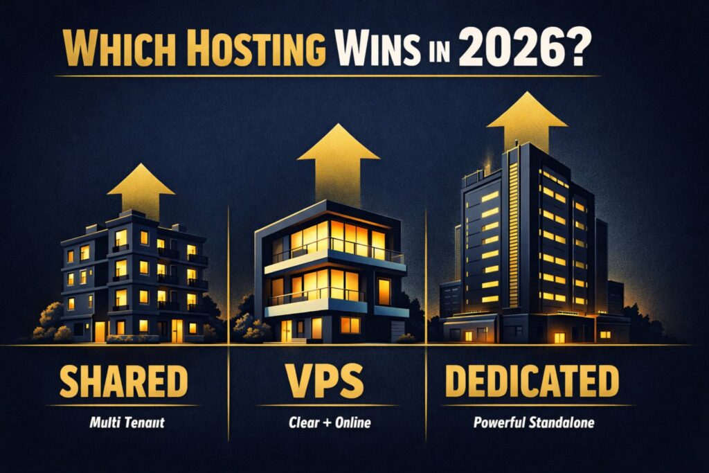 VPS vs shared vs dedicated hosting comparison showing three server types side by side for 2026