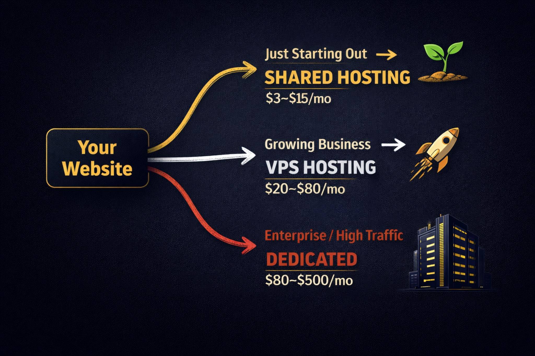 VPS vs shared vs dedicated hosting decision guide showing which hosting plan fits your website stage in 2026
