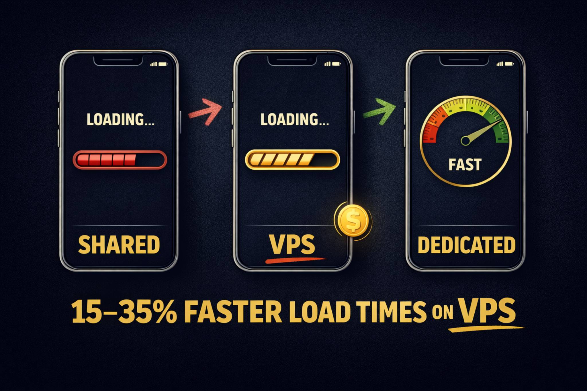 VPS vs shared vs dedicated hosting speed and performance comparison showing load time differences in 2026