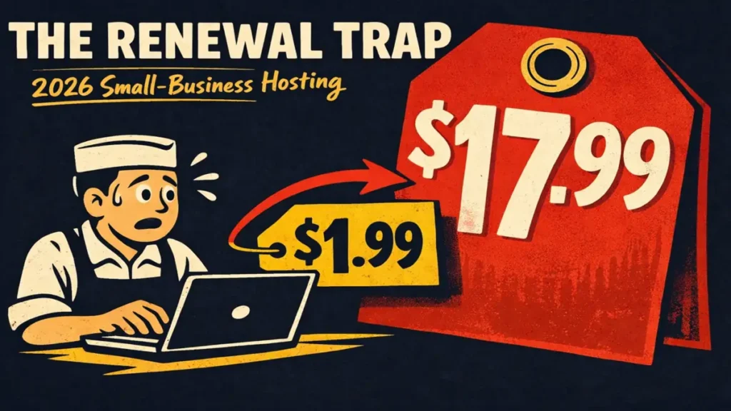 Web hosting cost for a small business 2026 — introductory vs renewal price shock illustration
