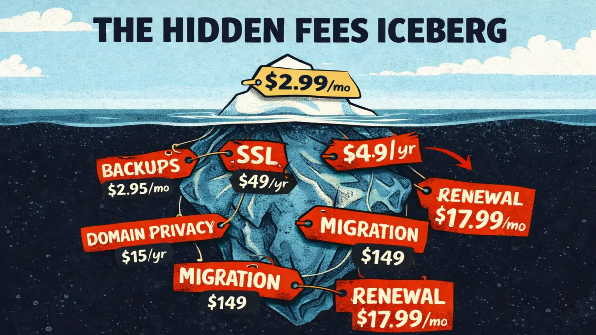 Web hosting cost for a small business — hidden fees iceberg showing backups SSL domain privacy migration