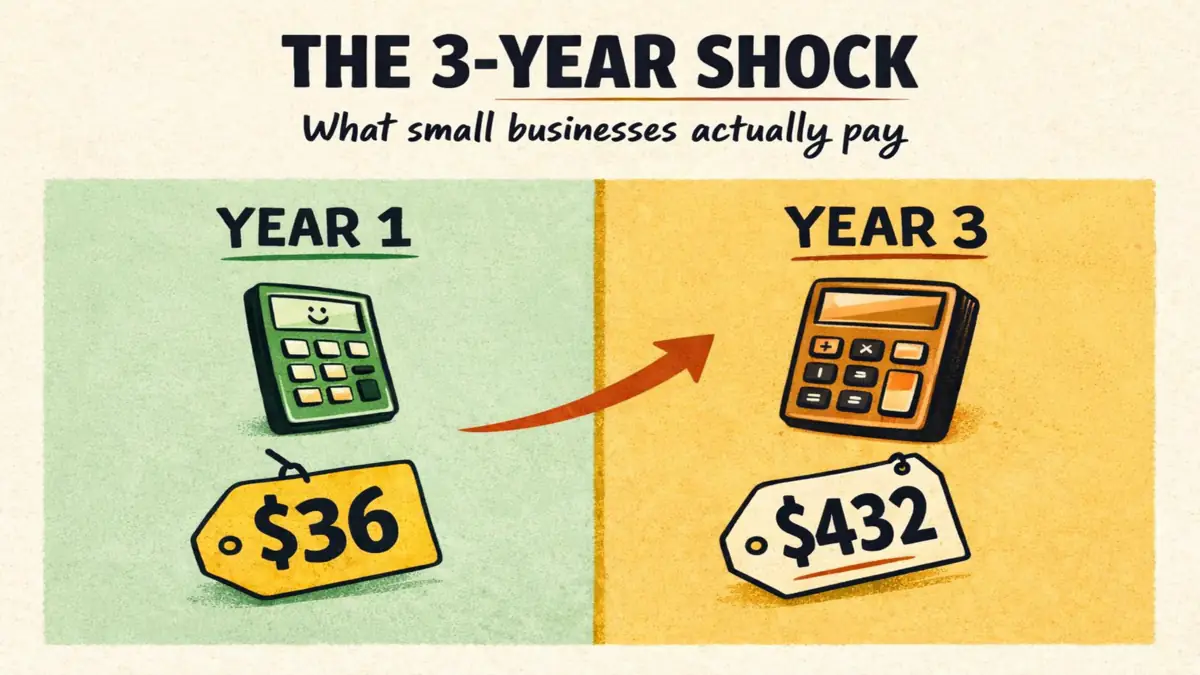 Web hosting cost for a small business — year 1 vs year 3 total price comparison infographic