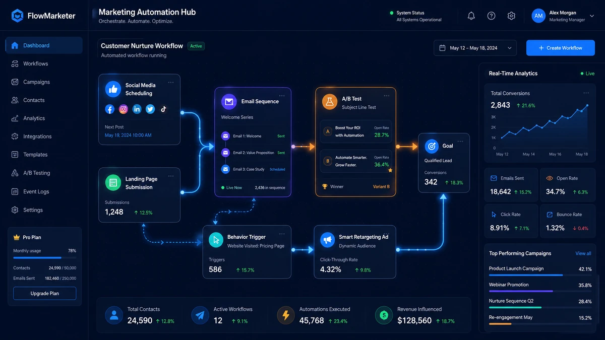 AI tools for content creation and marketing automation workflow showing scheduled posts analytics dashboard and email sequences running on autopilot