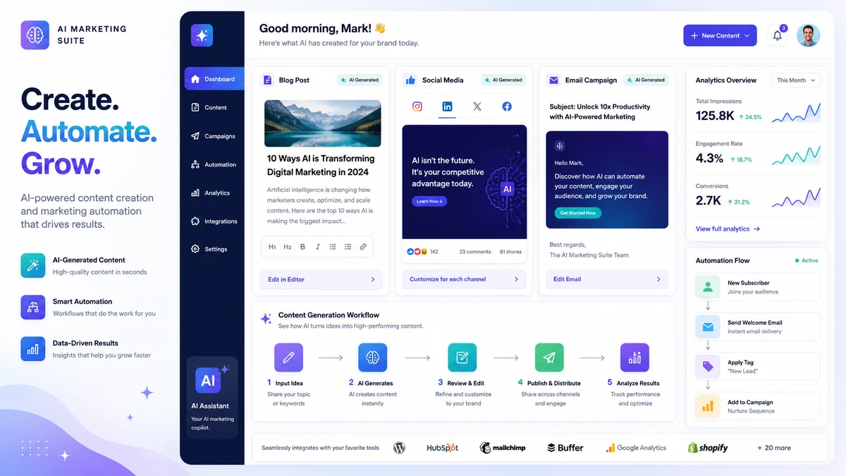 AI tools for content creation and marketing showing a dashboard with blog posts social media and email campaigns generated automatically