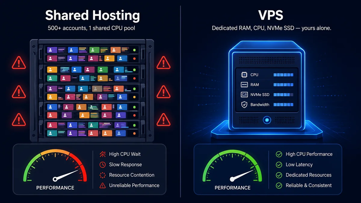 shared hosting resource throttling vs VPS isolated server resources – diagram showing when to upgrade shared hosting to VPS